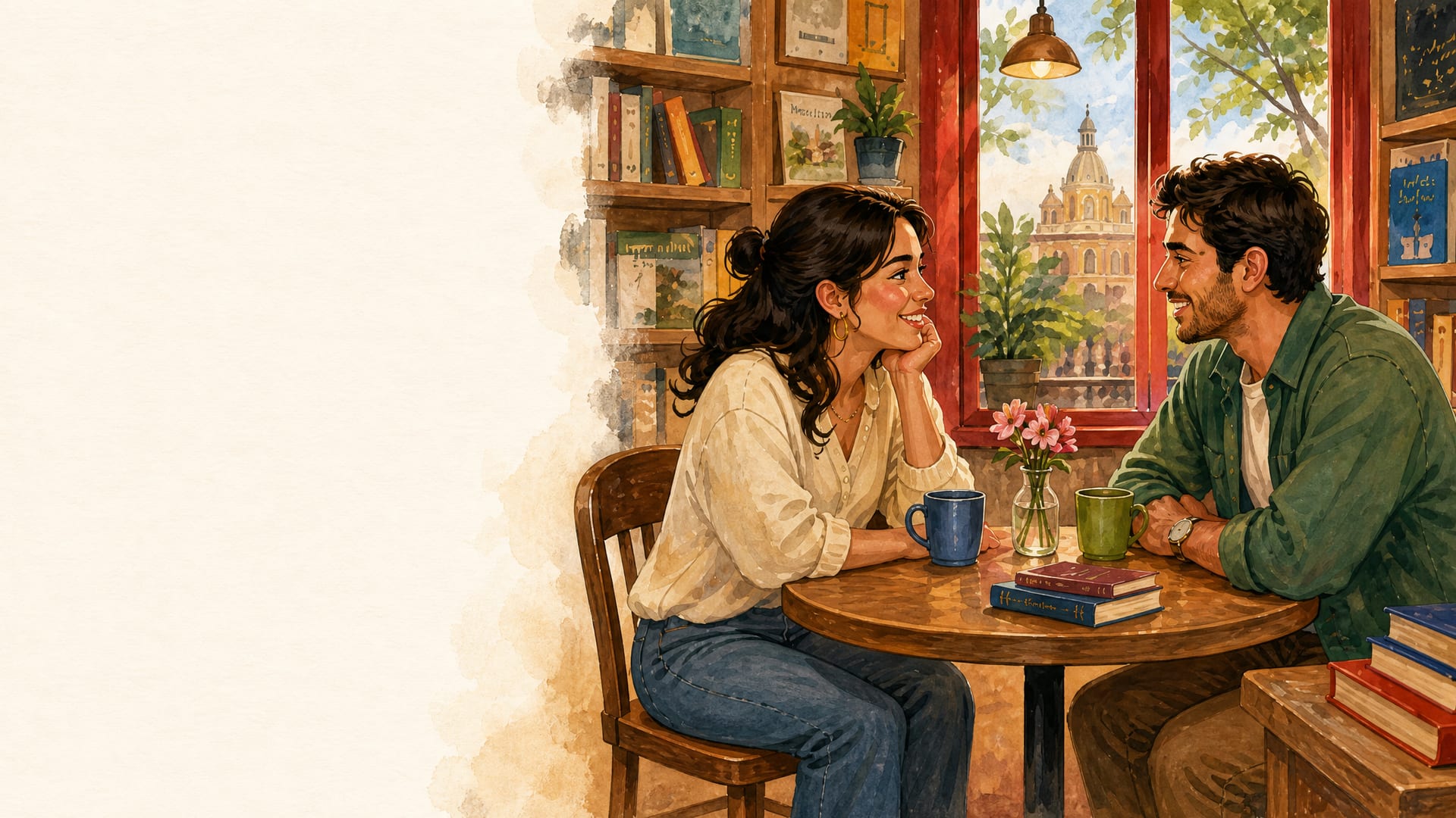 Pareja conversando en una librería-café, ilustración en gouache